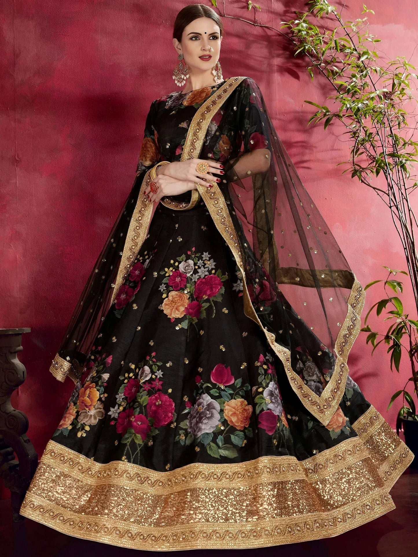 Tulsi Art Black Floral Printed Banglori Silk Bridal Lehenga Choli With Dupatta