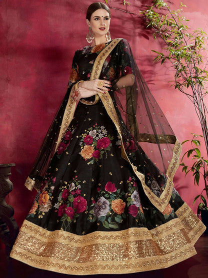 Tulsi Art Black Floral Printed Banglori Silk Bridal Lehenga Choli With Dupatta