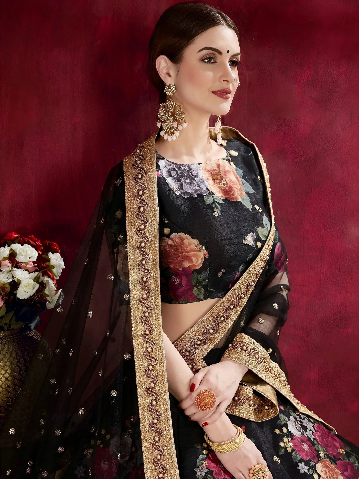 Tulsi Art Black Floral Printed Banglori Silk Bridal Lehenga Choli With Dupatta
