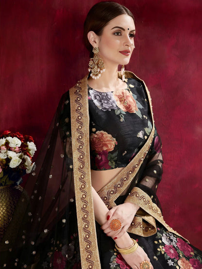 Tulsi Art Black Floral Printed Banglori Silk Bridal Lehenga Choli With Dupatta