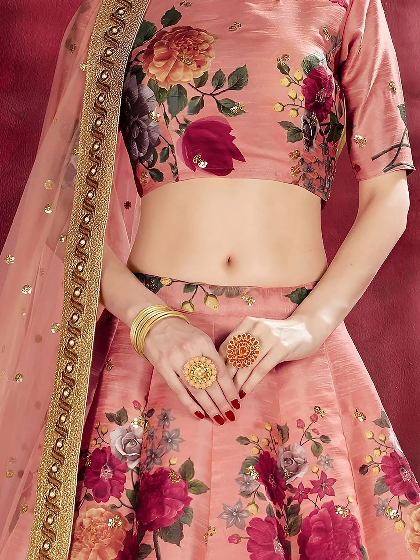 Tulsi Art Peach Floral Printed Banglori Silk Bridal Lehenga Choli With Dupatta