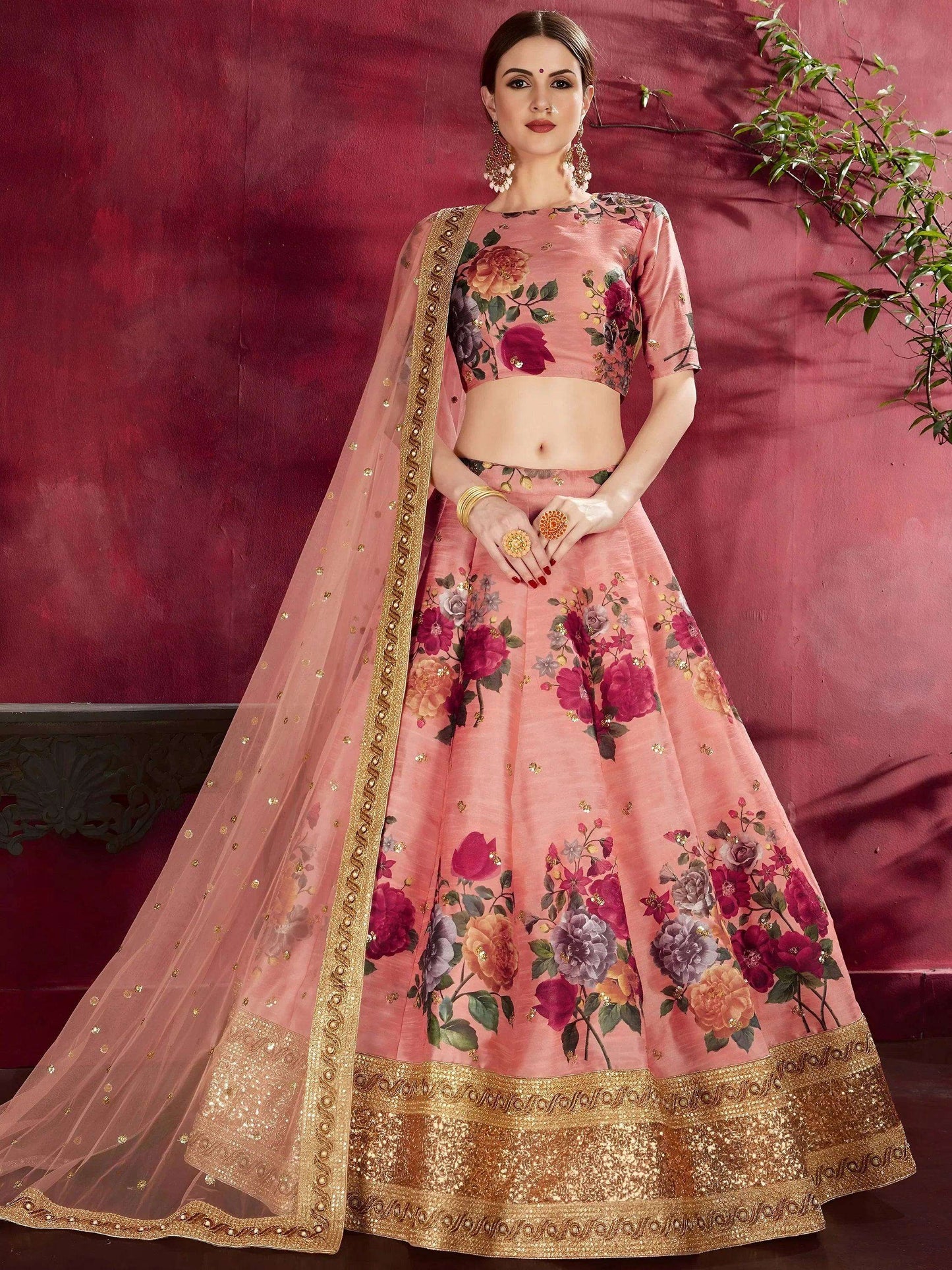 Tulsi Art Peach Floral Printed Banglori Silk Bridal Lehenga Choli With Dupatta