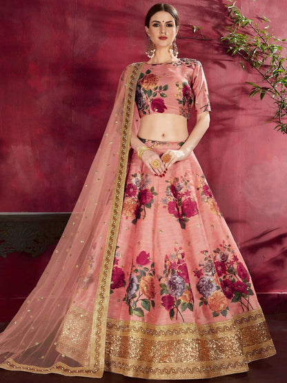 Tulsi Art Peach Floral Printed Banglori Silk Bridal Lehenga Choli With Dupatta