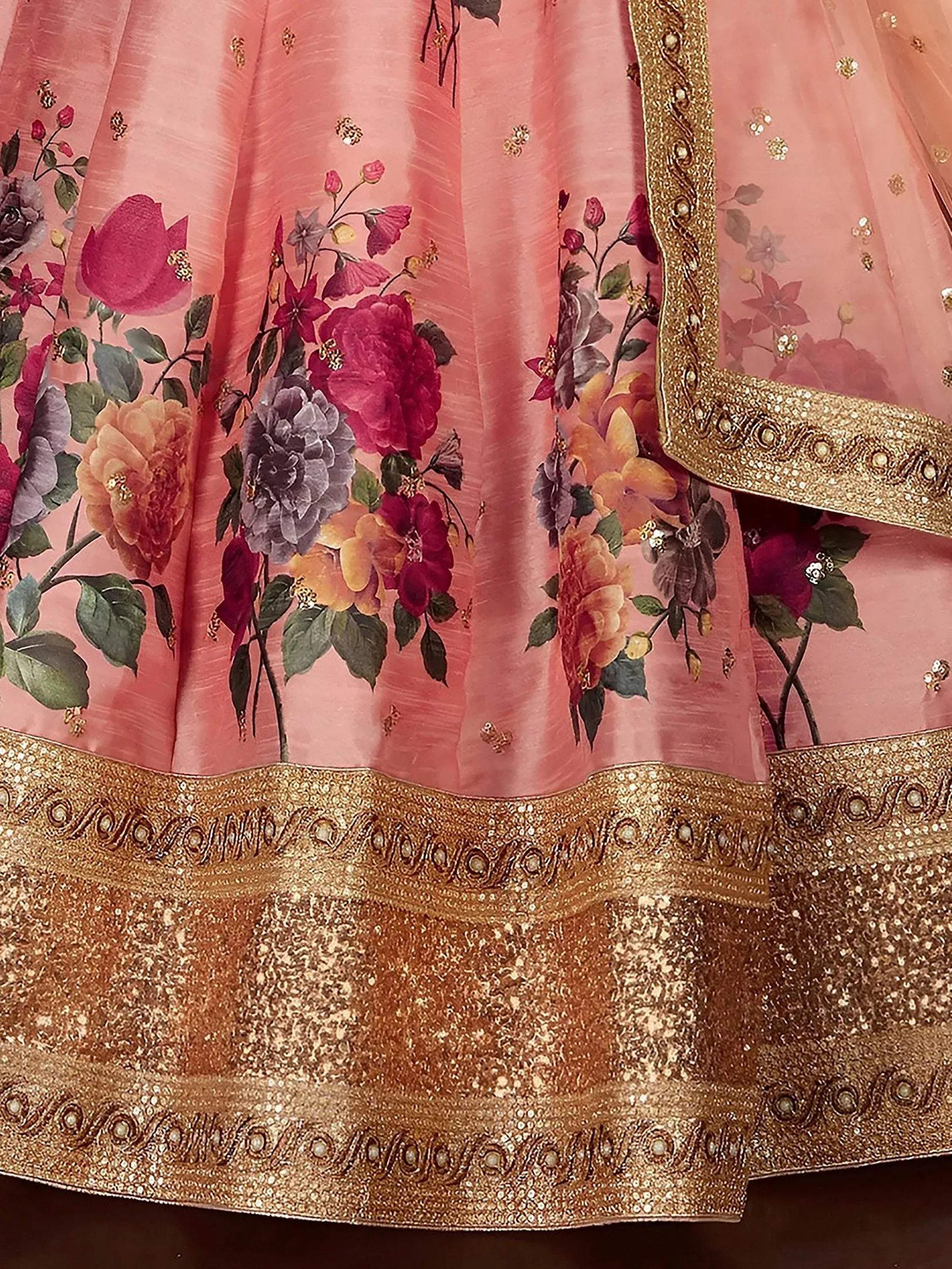 Tulsi Art Peach Floral Printed Banglori Silk Bridal Lehenga Choli With Dupatta