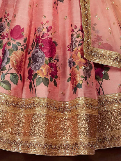 Tulsi Art Peach Floral Printed Banglori Silk Bridal Lehenga Choli With Dupatta