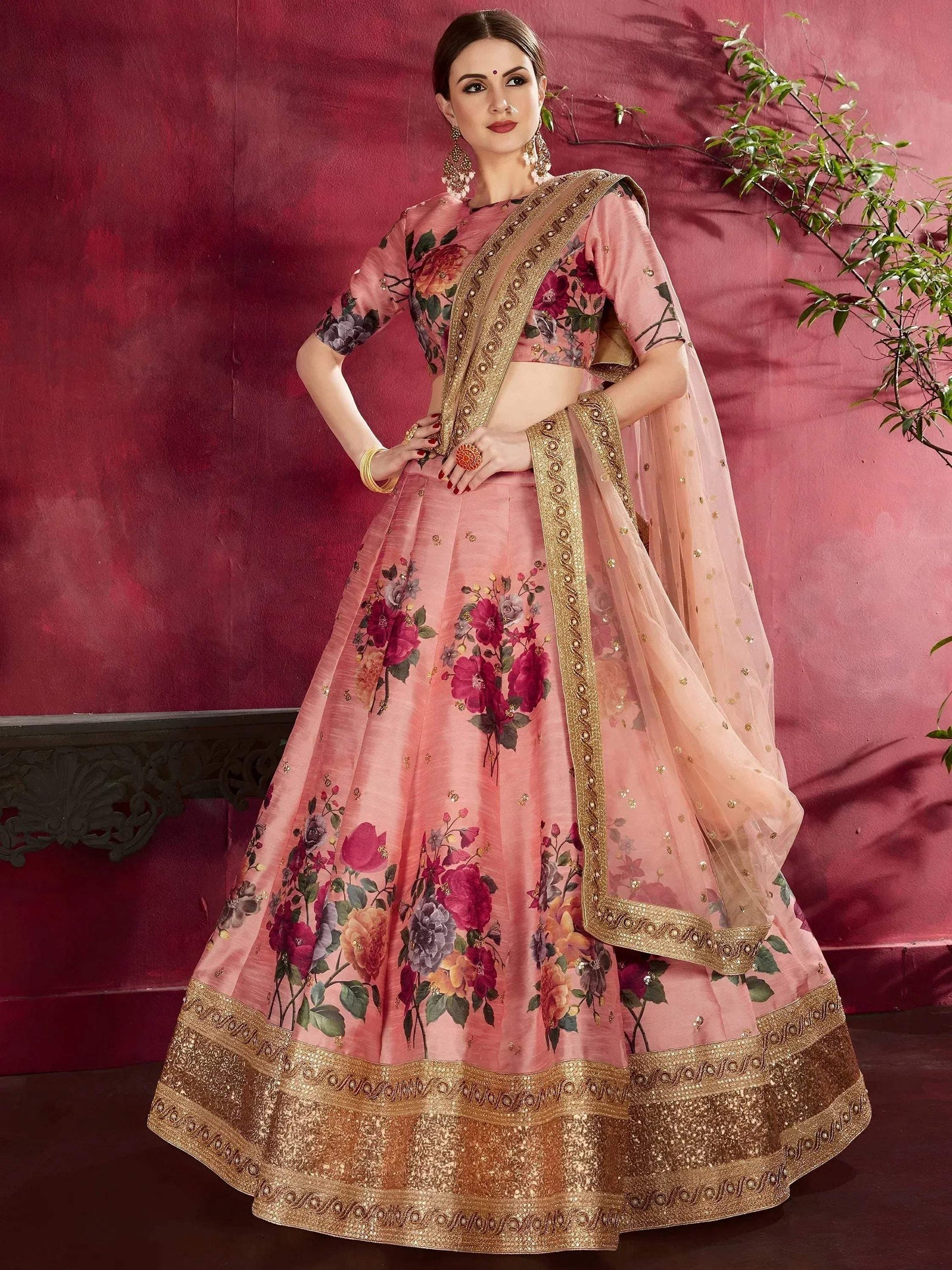 Tulsi Art Peach Floral Printed Banglori Silk Bridal Lehenga Choli With Dupatta