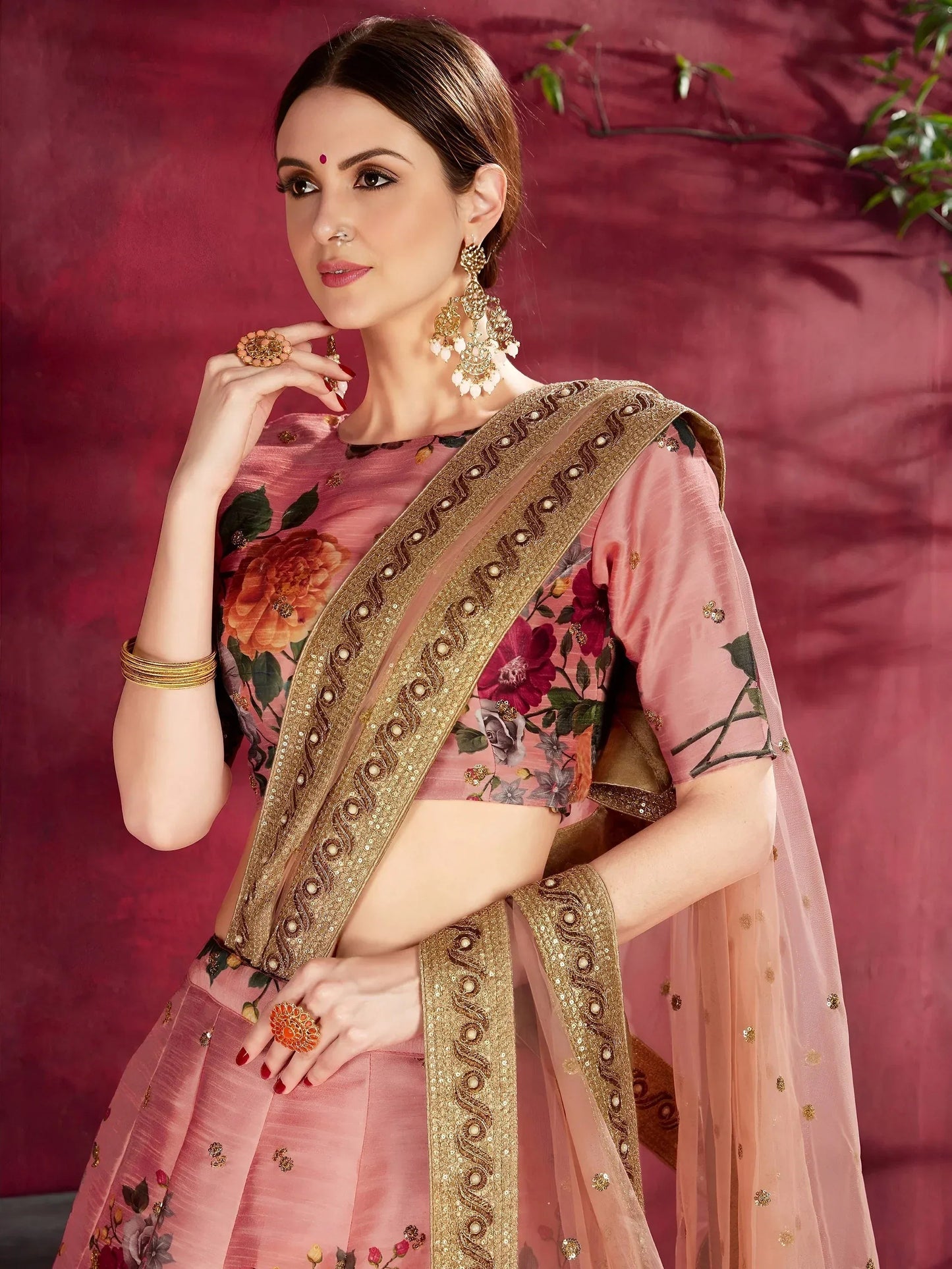 Tulsi Art Peach Floral Printed Banglori Silk Bridal Lehenga Choli With Dupatta