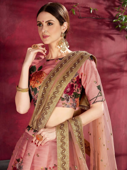 Tulsi Art Peach Floral Printed Banglori Silk Bridal Lehenga Choli With Dupatta