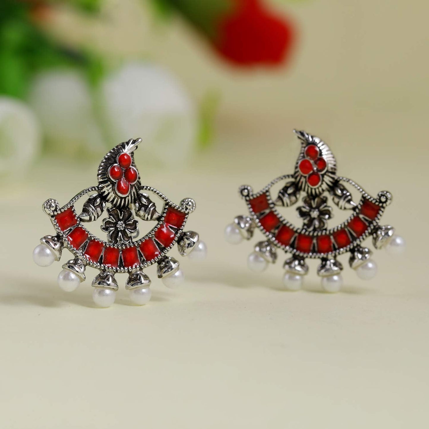 Estele Afghani Tribal Beads Oxidised Silver Plated Chandbali Stud Earrings for Women