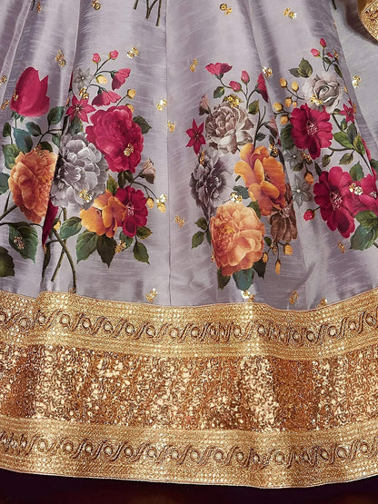 Tulsi Art Grey Floral Printed Banglori Silk Bridal Lehenga Choli With Dupatta