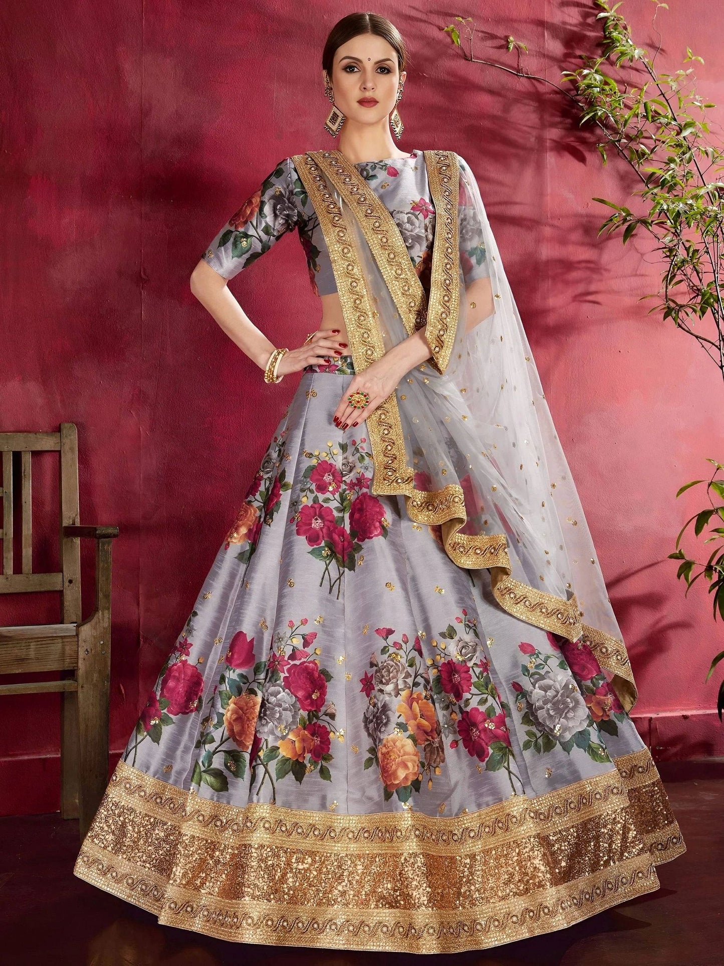 Tulsi Art Grey Floral Printed Banglori Silk Bridal Lehenga Choli With Dupatta
