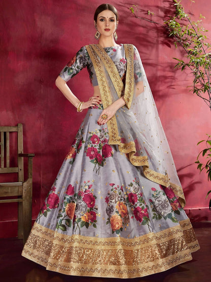 Tulsi Art Grey Floral Printed Banglori Silk Bridal Lehenga Choli With Dupatta