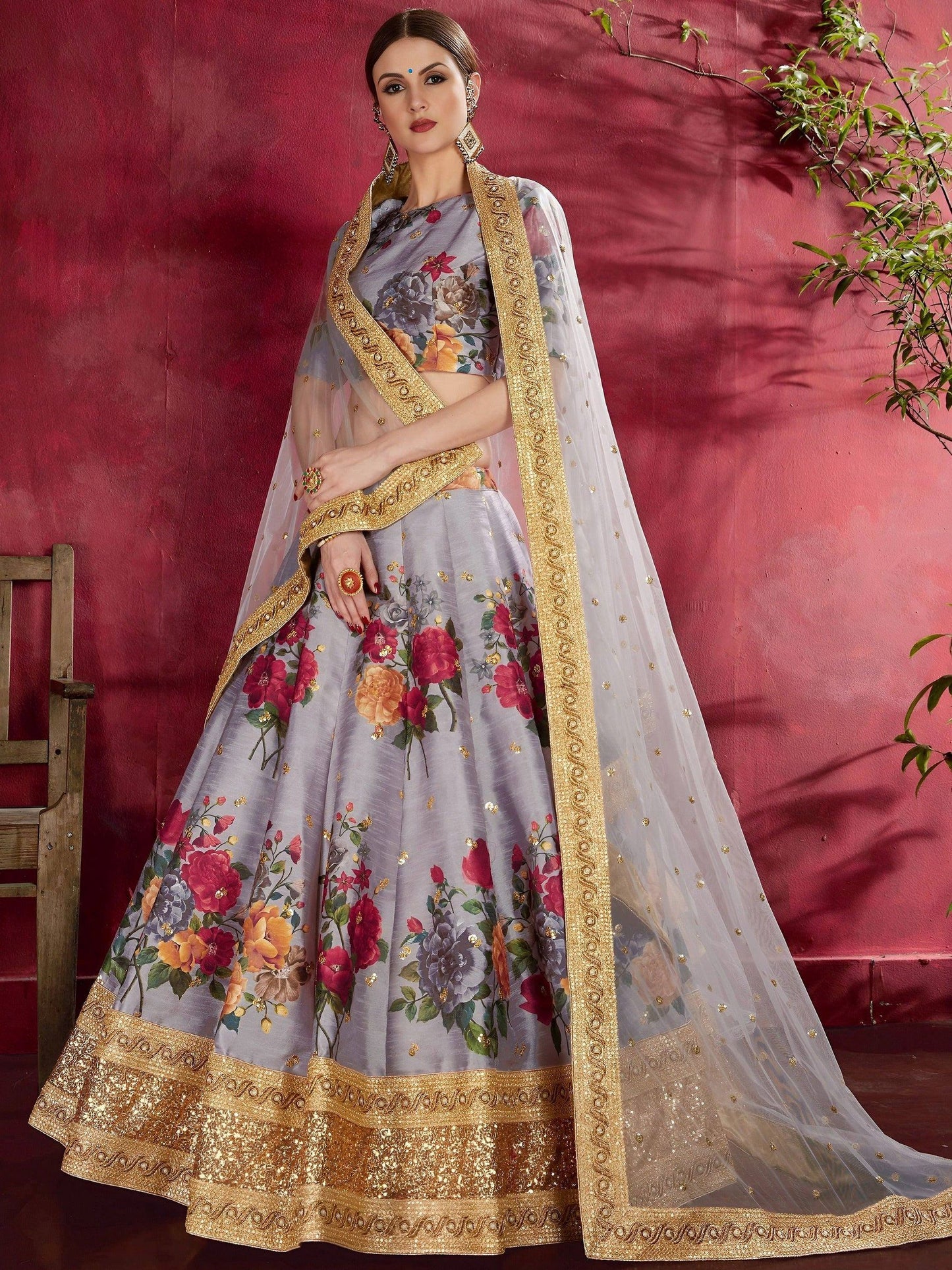 Tulsi Art Grey Floral Printed Banglori Silk Bridal Lehenga Choli With Dupatta