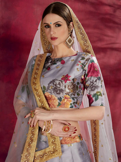 Tulsi Art Grey Floral Printed Banglori Silk Bridal Lehenga Choli With Dupatta