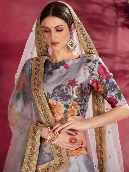 Tulsi Art Grey Floral Printed Banglori Silk Bridal Lehenga Choli With Dupatta
