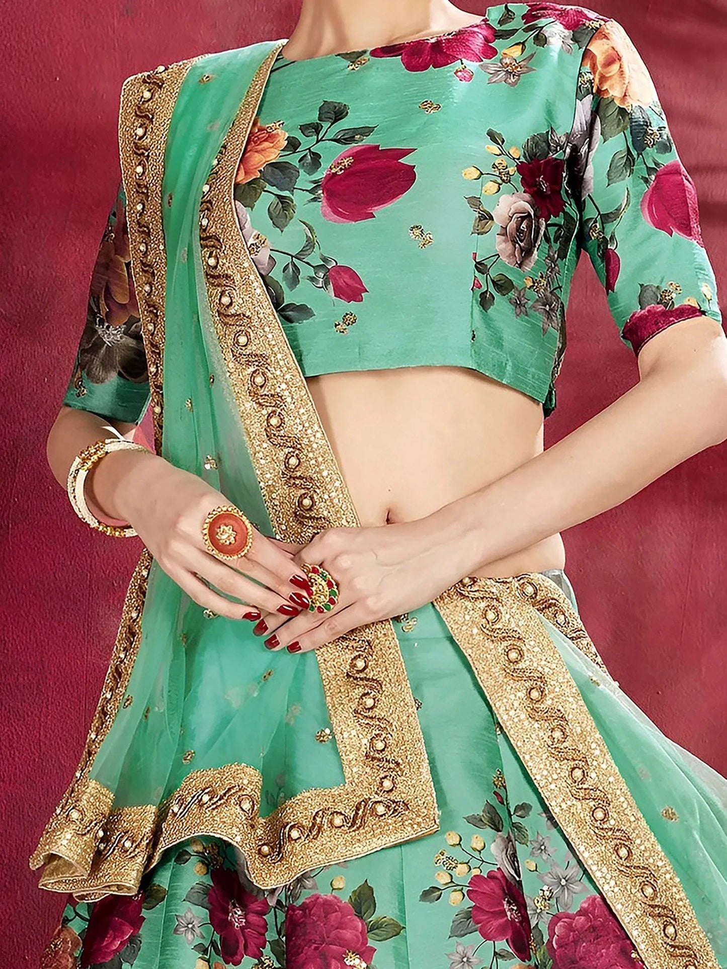 Tulsi Art Green Floral Printed Banglori Silk Bridal Lehenga Choli With Dupatta