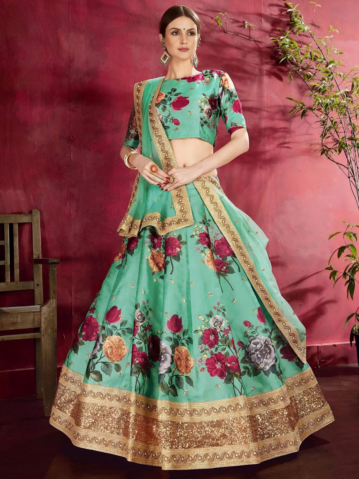 Tulsi Art Green Floral Printed Banglori Silk Bridal Lehenga Choli With Dupatta