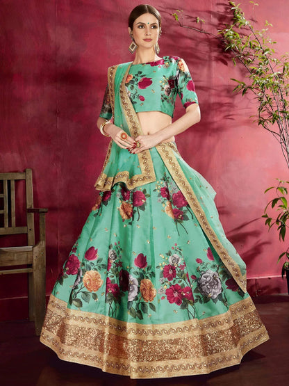 Tulsi Art Green Floral Printed Banglori Silk Bridal Lehenga Choli With Dupatta