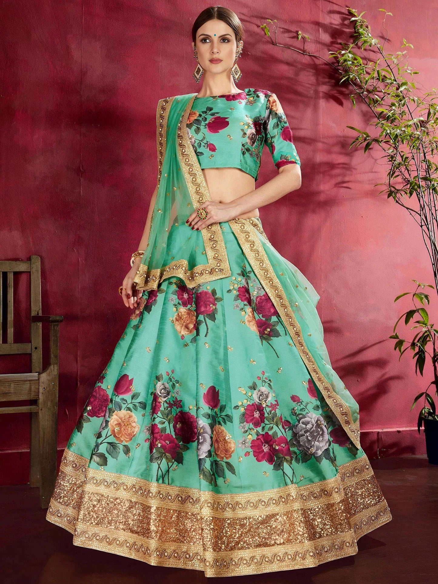 Tulsi Art Green Floral Printed Banglori Silk Bridal Lehenga Choli With Dupatta