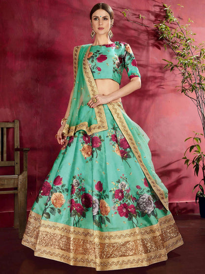 Tulsi Art Green Floral Printed Banglori Silk Bridal Lehenga Choli With Dupatta