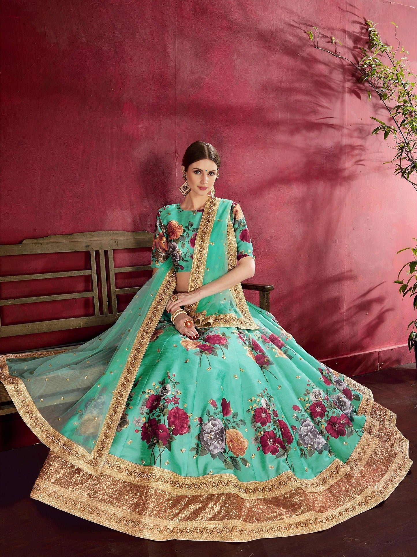 Tulsi Art Green Floral Printed Banglori Silk Bridal Lehenga Choli With Dupatta
