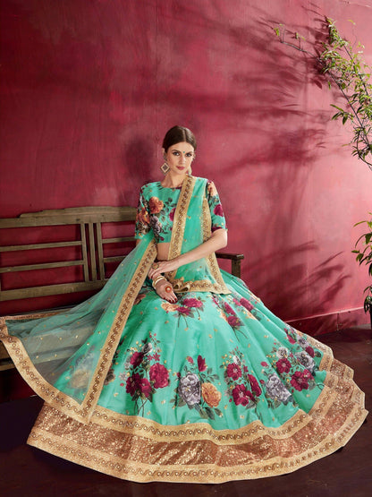 Tulsi Art Green Floral Printed Banglori Silk Bridal Lehenga Choli With Dupatta