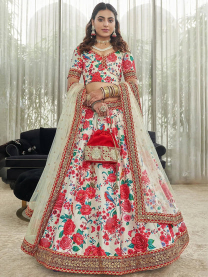 Tulsi Art Capricious Off-White Floral Printed Art Silk Lehenga Choli