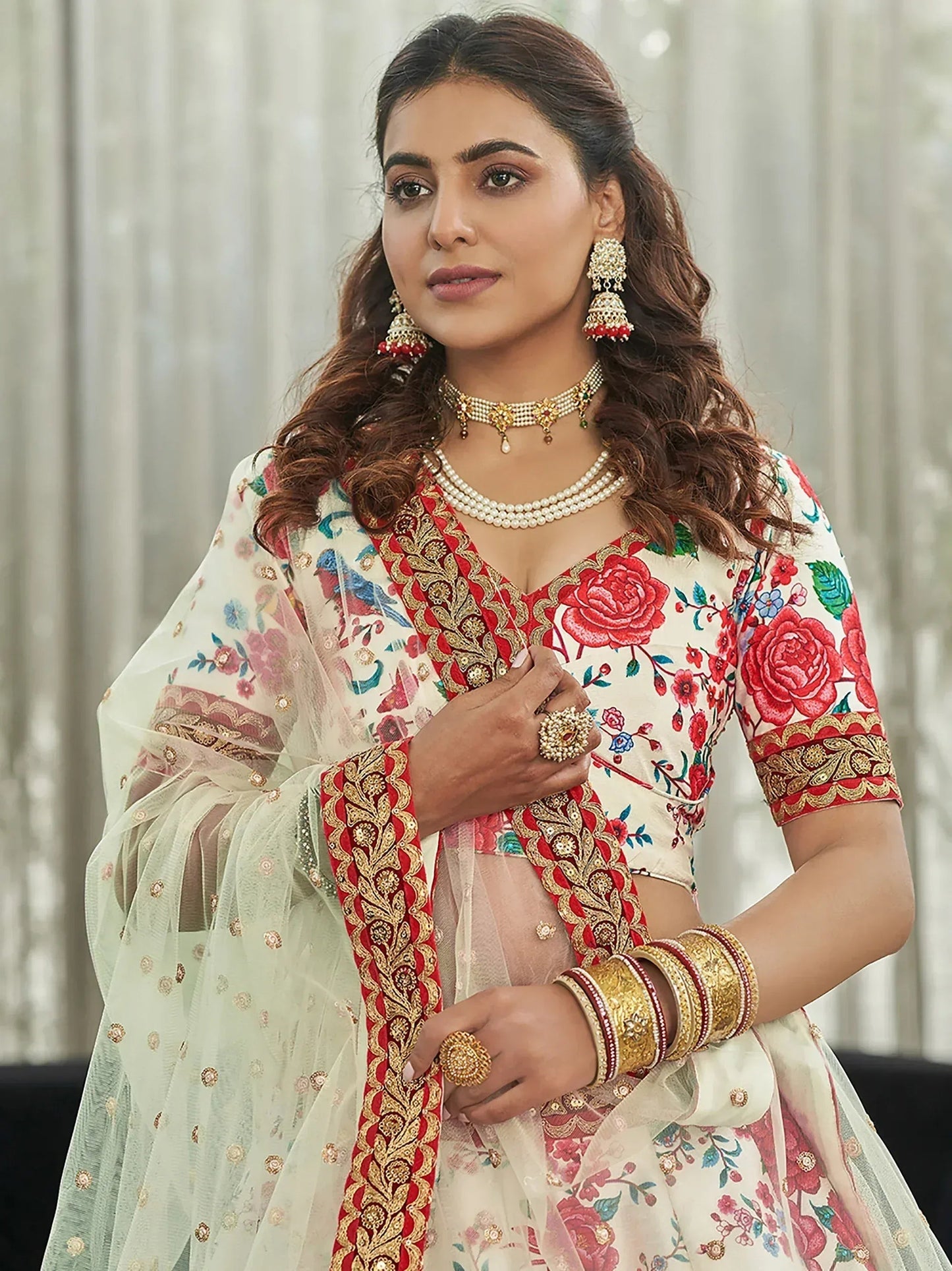 Tulsi Art Capricious Off-White Floral Printed Art Silk Lehenga Choli