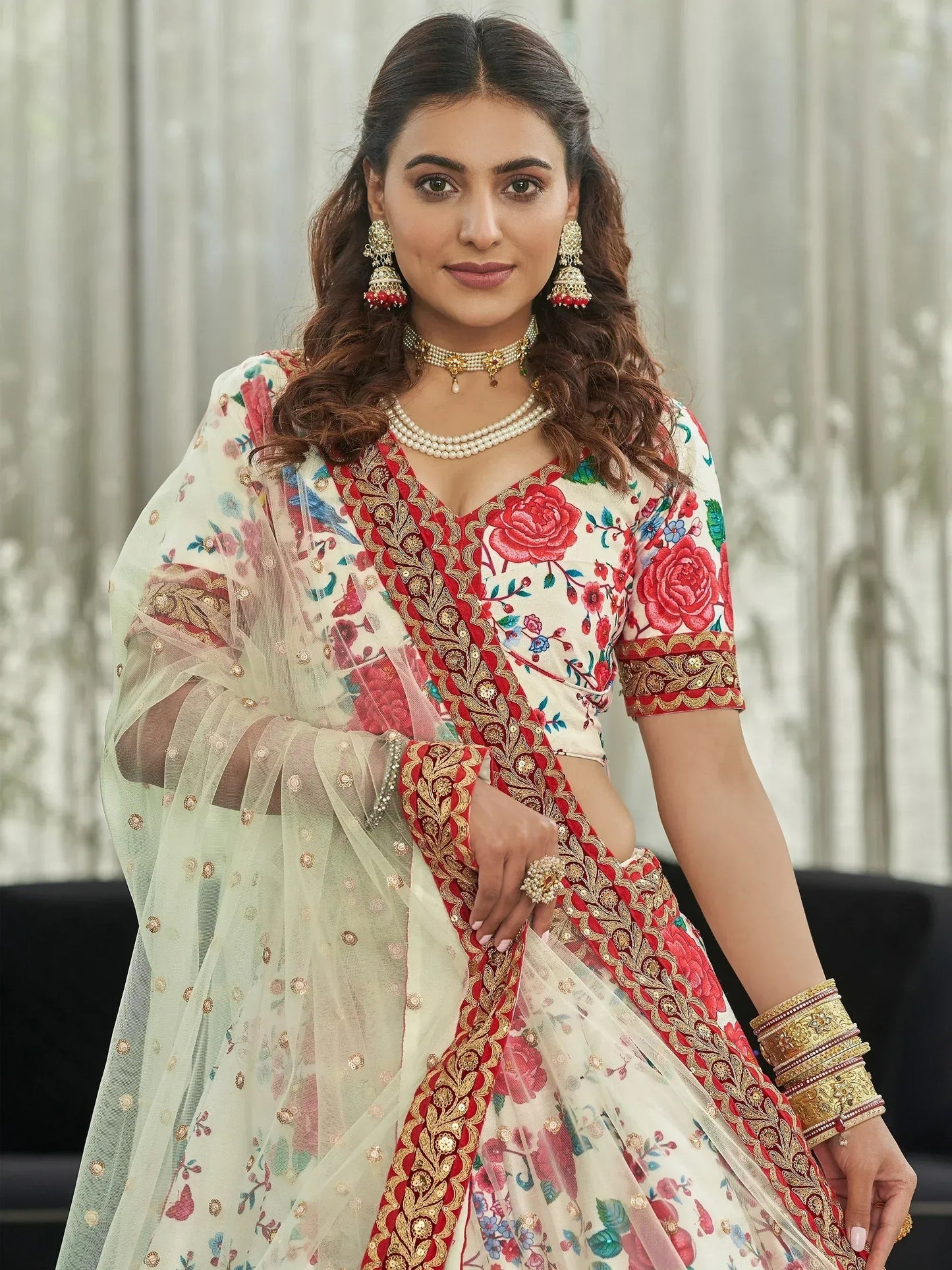 Tulsi Art Capricious Off-White Floral Printed Art Silk Lehenga Choli