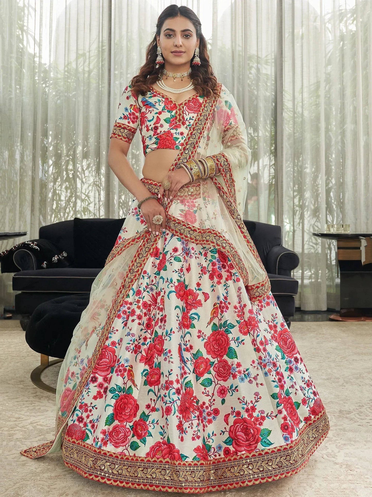 Tulsi Art Capricious Off-White Floral Printed Art Silk Lehenga Choli
