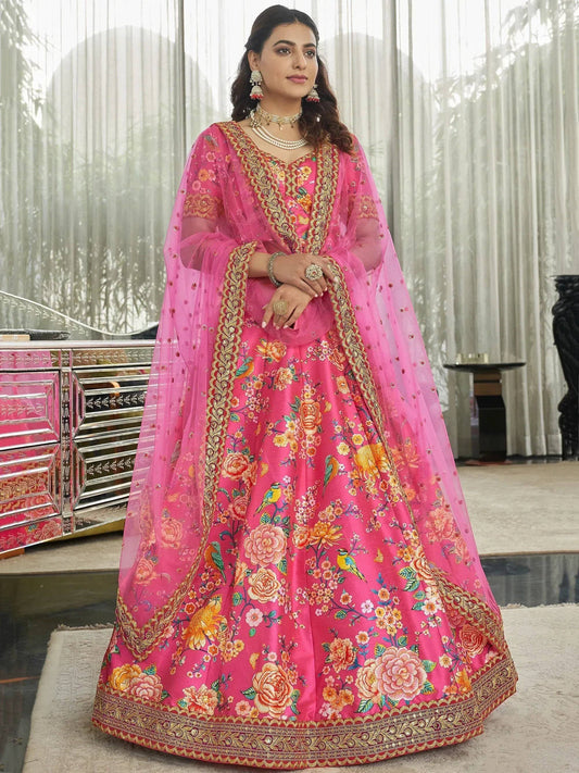 Tulsi Art Marvelous Deep Pink Floral Printed Art Silk Lehenga Choli With Dupatta