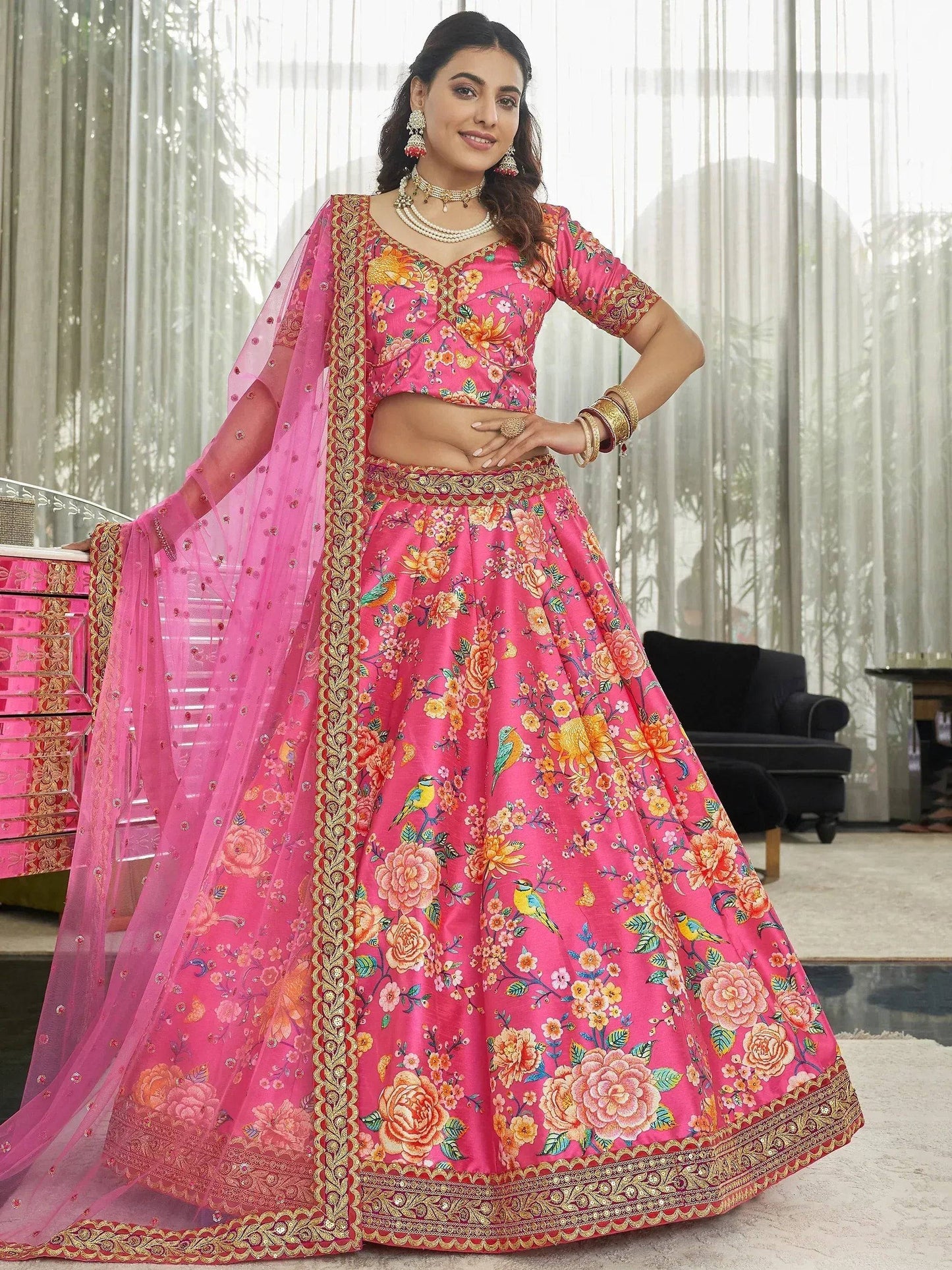 Tulsi Art Marvelous Deep Pink Floral Printed Art Silk Lehenga Choli With Dupatta