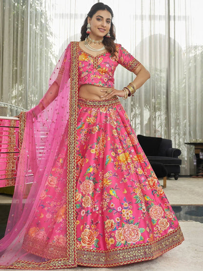 Tulsi Art Marvelous Deep Pink Floral Printed Art Silk Lehenga Choli With Dupatta