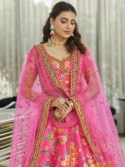 Tulsi Art Marvelous Deep Pink Floral Printed Art Silk Lehenga Choli With Dupatta