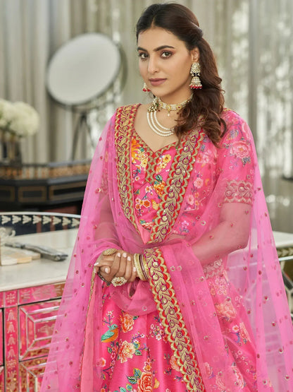 Tulsi Art Marvelous Deep Pink Floral Printed Art Silk Lehenga Choli With Dupatta