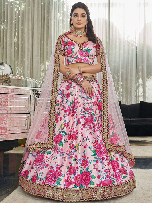 Tulsi Art Ravishing Light Pink Floral Printed Art Silk Lehenga Choli