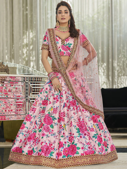 Tulsi Art Ravishing Light Pink Floral Printed Art Silk Lehenga Choli