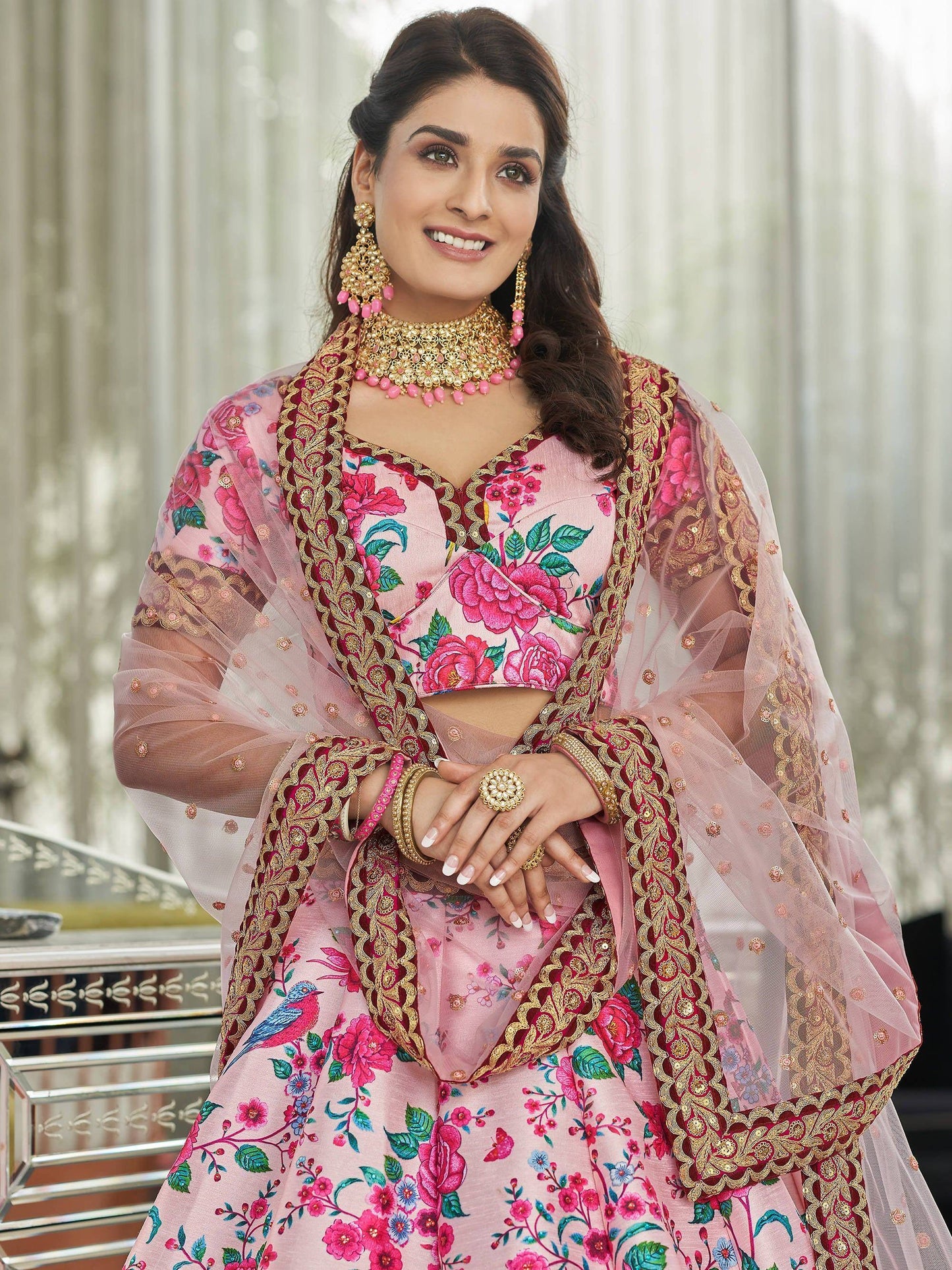 Tulsi Art Ravishing Light Pink Floral Printed Art Silk Lehenga Choli