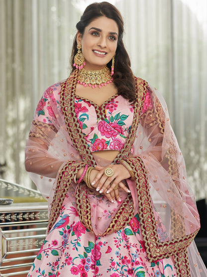 Tulsi Art Ravishing Light Pink Floral Printed Art Silk Lehenga Choli