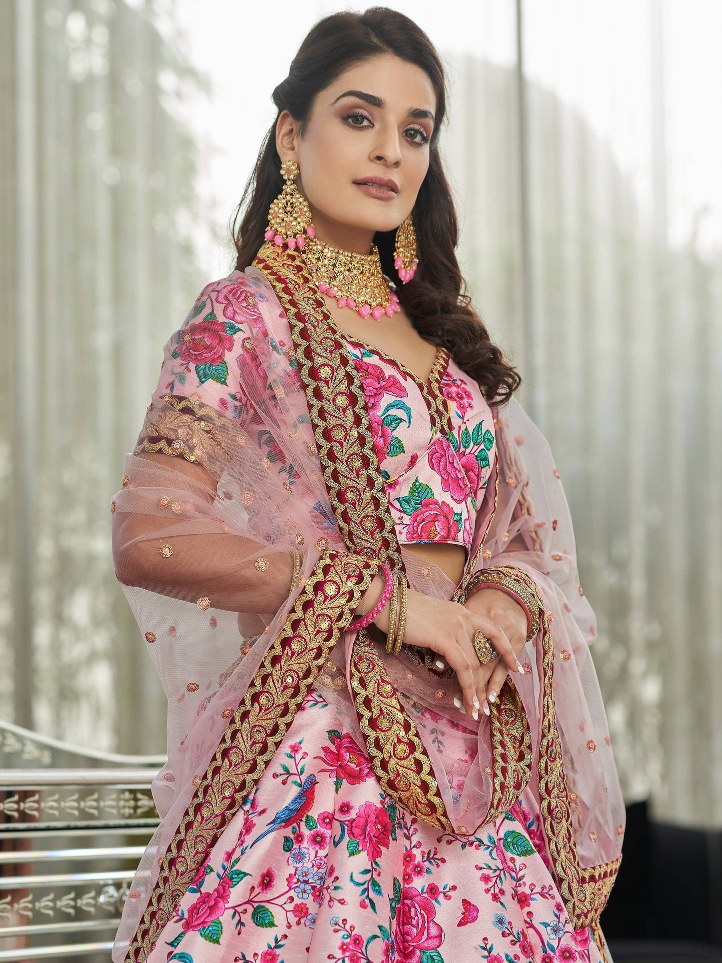 Tulsi Art Ravishing Light Pink Floral Printed Art Silk Lehenga Choli