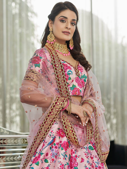 Tulsi Art Ravishing Light Pink Floral Printed Art Silk Lehenga Choli