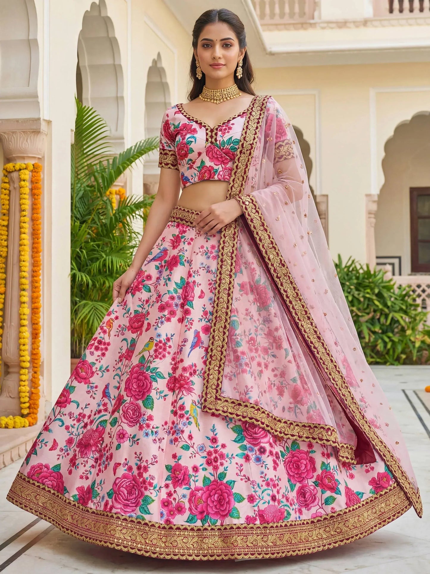 Tulsi Art Captivating Light Pink Floral Printed Silk Festival Wear Lehenga Choli