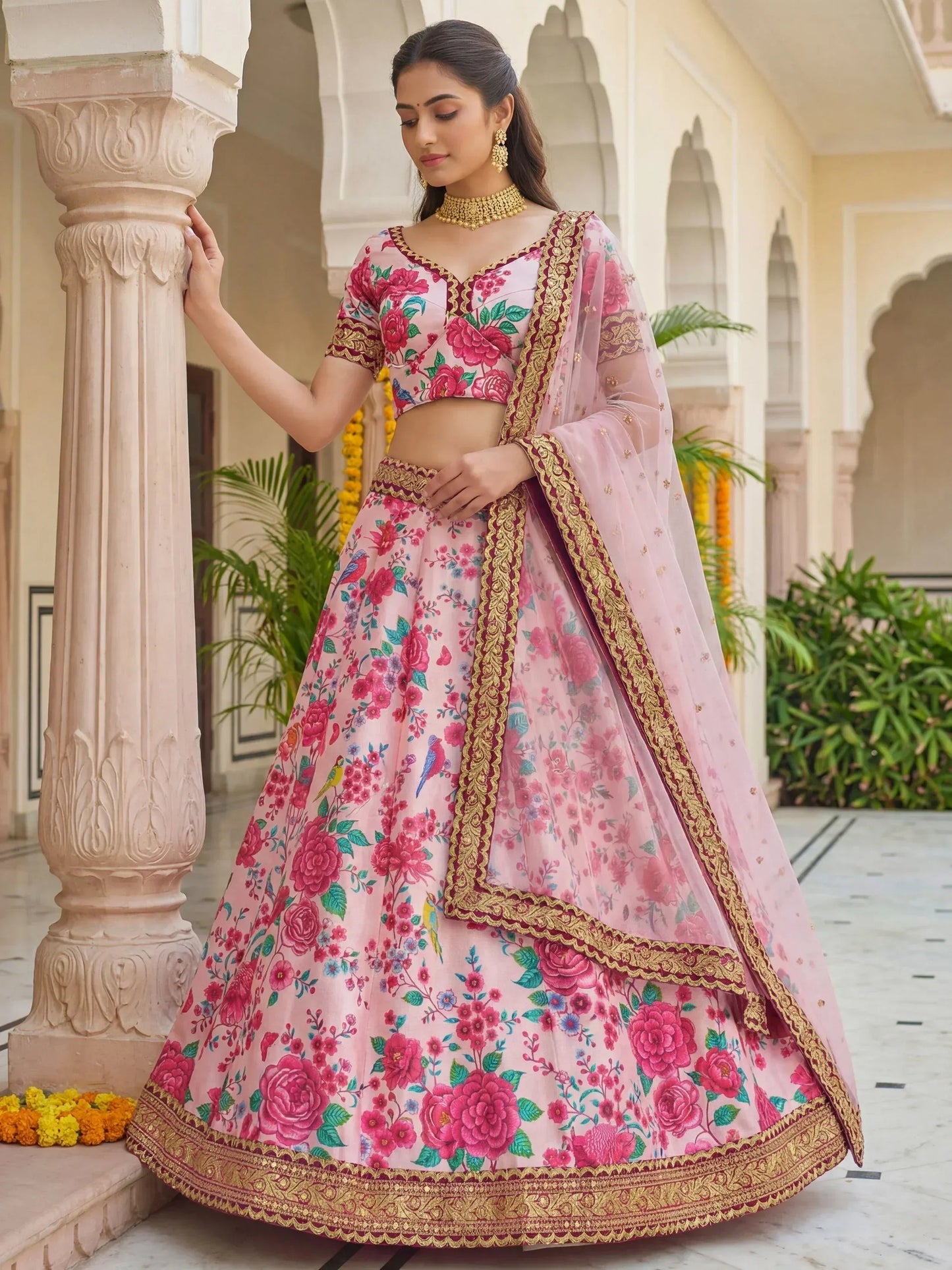 Tulsi Art Captivating Light Pink Floral Printed Silk Festival Wear Lehenga Choli