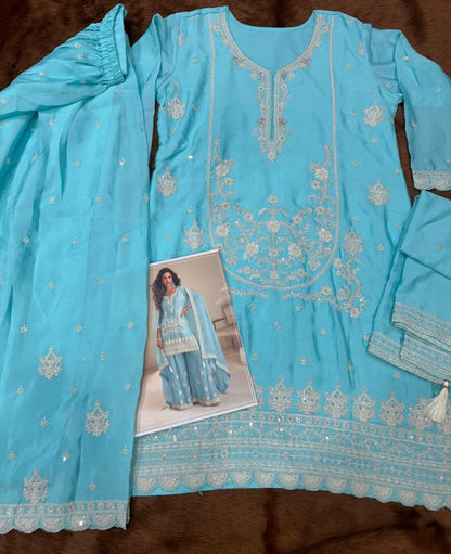 Anaita Sky Chinon Stitched Suit with Embroidery & Sequence Work