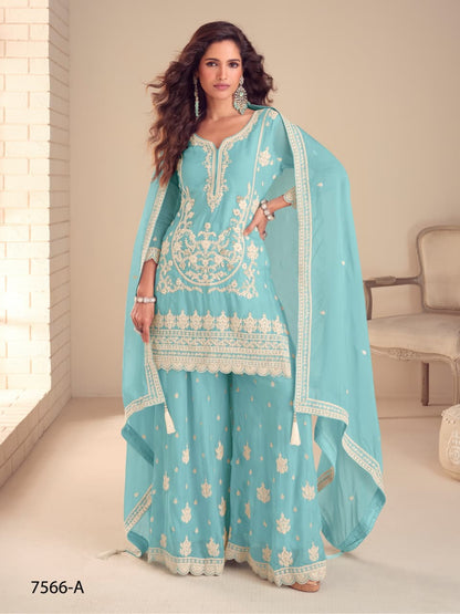 Anaita Sky Chinon Stitched Suit with Embroidery & Sequence Work