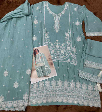 Anaita Turquoise Chinon Stitched Suit with Embroidery & Sequence Work