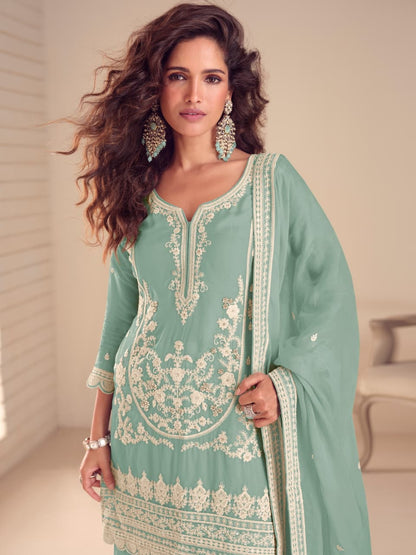 Anaita Turquoise Chinon Stitched Suit with Embroidery & Sequence Work