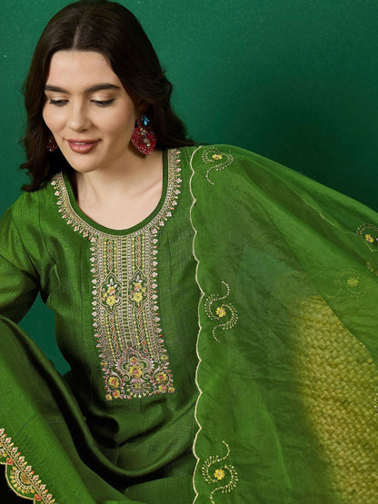 The52 Women's Beautiful Embroidery Work Vichitra Fabric A-line Kurta Pant and Dupatta Set-Green