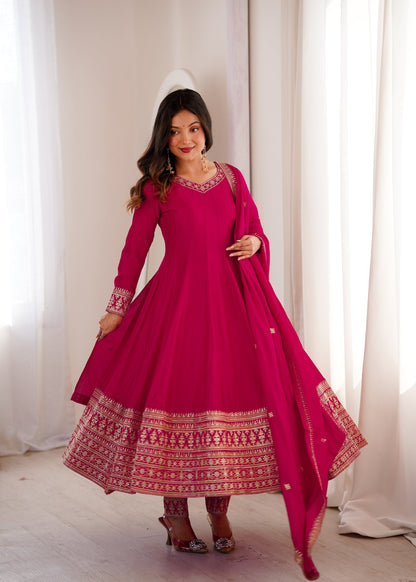 Lorenvalley Fashion Ranipink Vichitra Silk Embroidery Dori and Sequence work Anarkali Gown Pant with Dupatta