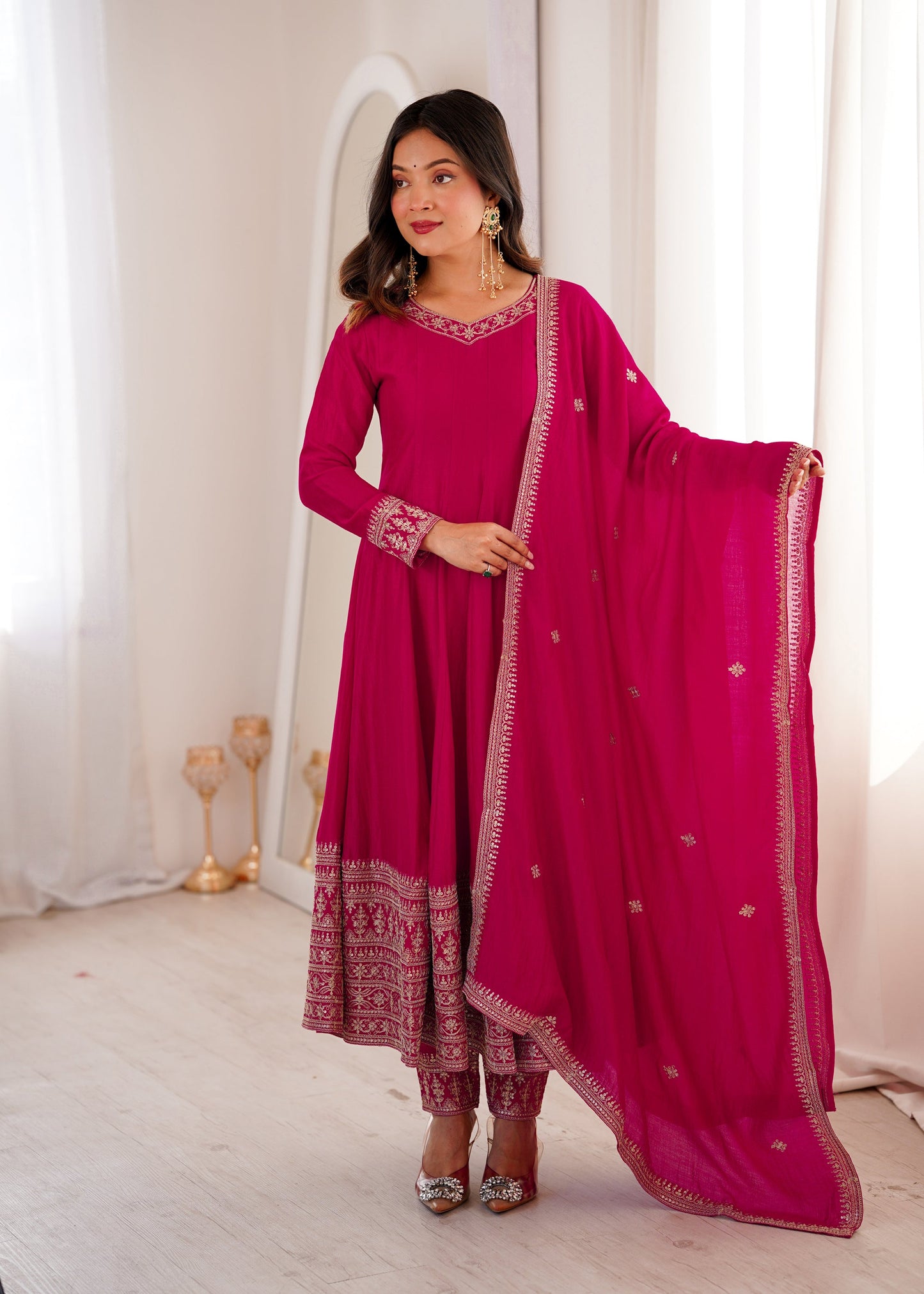 Lorenvalley Fashion Ranipink Vichitra Silk Embroidery Dori and Sequence work Anarkali Gown Pant with Dupatta